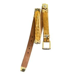 Los Canelos 100% Leather Western Belt 38 Croc Embossed Yellow w Lion accents